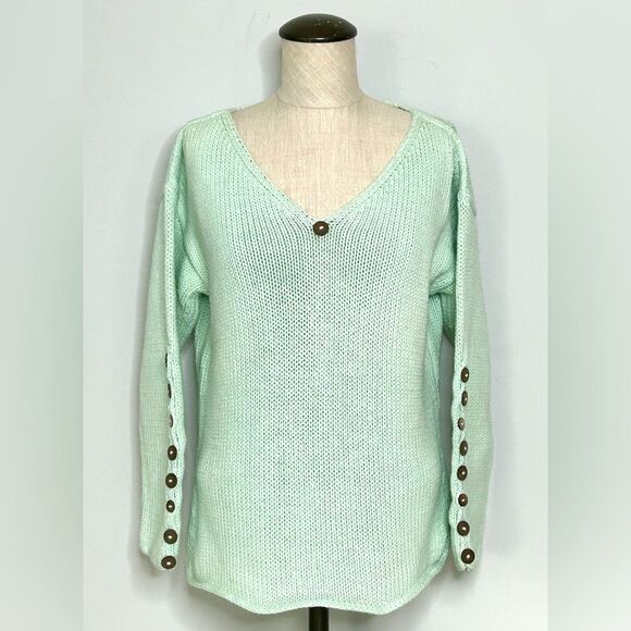 Pure Handknit Mint Green Chunky Thick Hand Knitted Sweater 100% Cotton size M/L - Picture 9 of 11